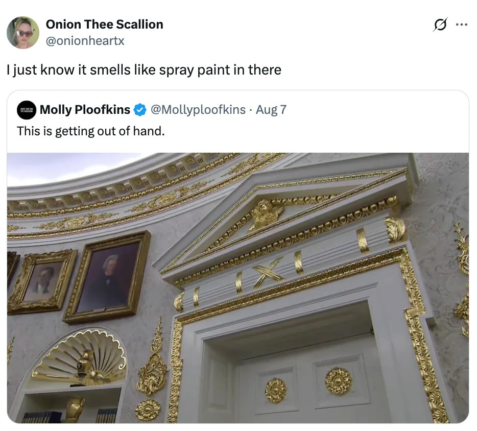 A tweet showing an ornate, gold-decorated interior with framed photos and a caption about the excessive decor's resemblance to a spray-painted room