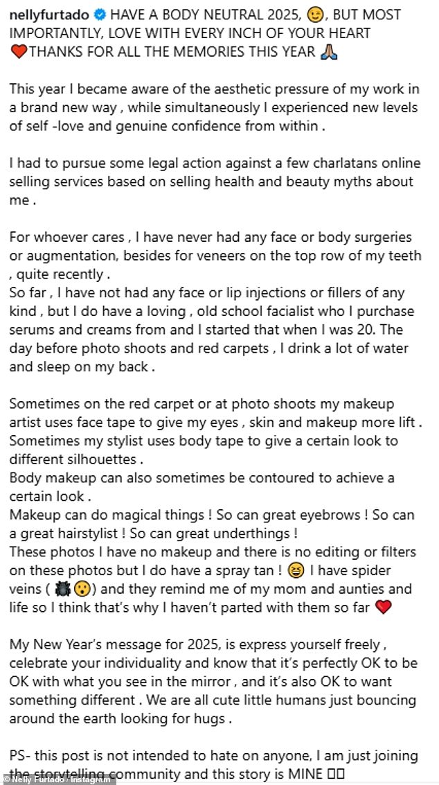 In her post earlier this year, Nelly wrote: 'HAVE A BODY NEUTRAL 2025, BUT MOST IMPORTANTLY, LOVE WITH EVERY INCH OF YOUR HEART THANKS FOR ALL THE MEMORIES THIS YEAR'