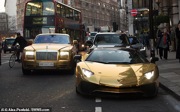 For other supercar tourists, jetting into London offers them a way to flaunt their expensive fleet of motors - like the reported Saudi billionaire owner of these two gold cars
