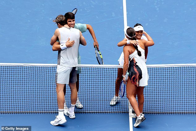 Raducanu opted to give her former singles opponent Jessica Pegula a warm hug at the net