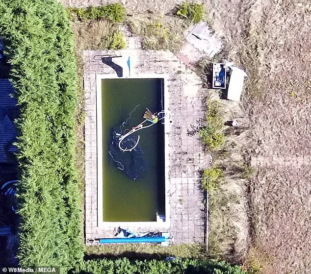 An aerial view of the swimming pool filled with grimy water -- pictured in August 2018