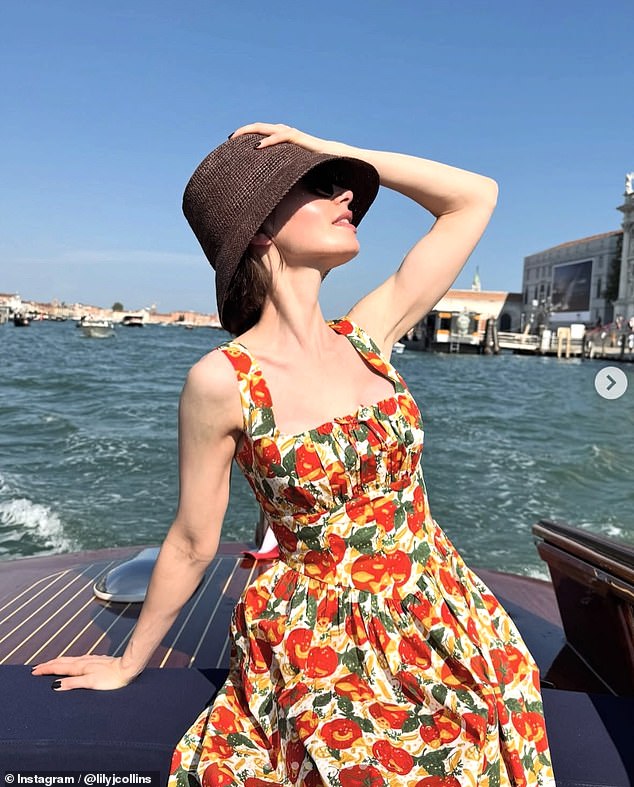 Lily Collins posted pictures of herself in a tomato-print sundress on one of Venice's famous water taxis over the weekend