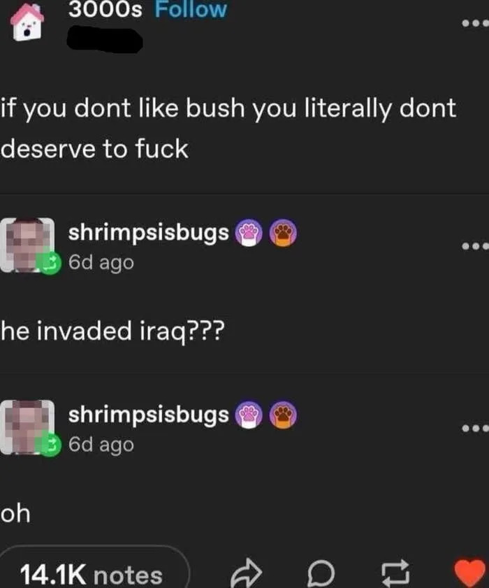 Social media post interaction about disliking Bush, referencing the Iraq invasion. Second user replies with surprise