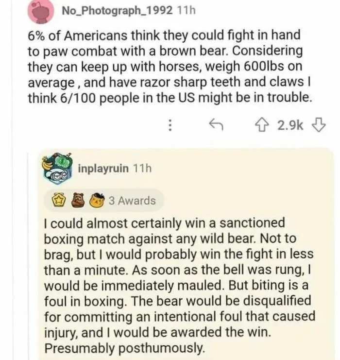 An online discussion humorously debates humans fighting brown bears, noting claws and weight advantages, and jesting about winning a boxing match