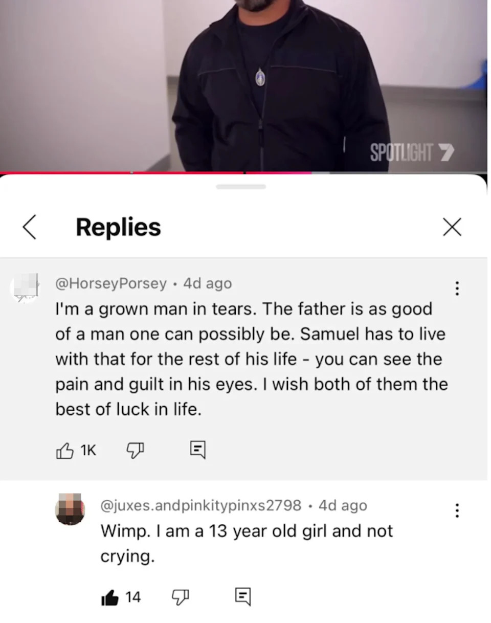 Comments discuss emotional responses to a man's situation, mentioning guilt and sympathy for a person named Samuel. A user compares reactions