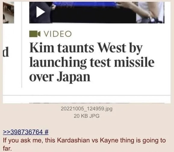 Headline about a missile launch over Japan followed by a joke comparing it to a Kardashian vs. Kanye situation
