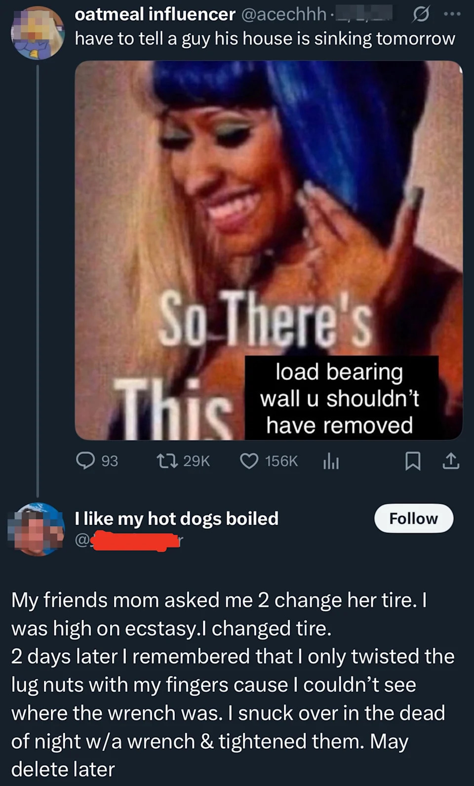Tweet thread with meme about regretting house changes and anecdote about tire change while high