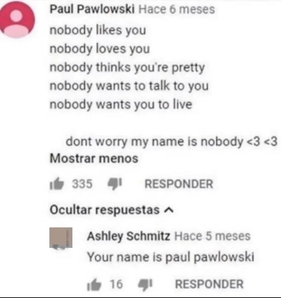 From Paul Pawlowski: "nobody likes you, nobody loves you, nobody think you're pretty, nobody wants to talk to you, nobody wants you to live; don't worry my name is nobody," "Your name is Paul Pawlowski"