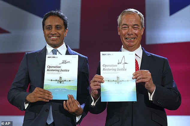 Zia Yusuf and Farage show the programme Operation Restoring Justice at the press conference at Oxford Airport, Kidlington
