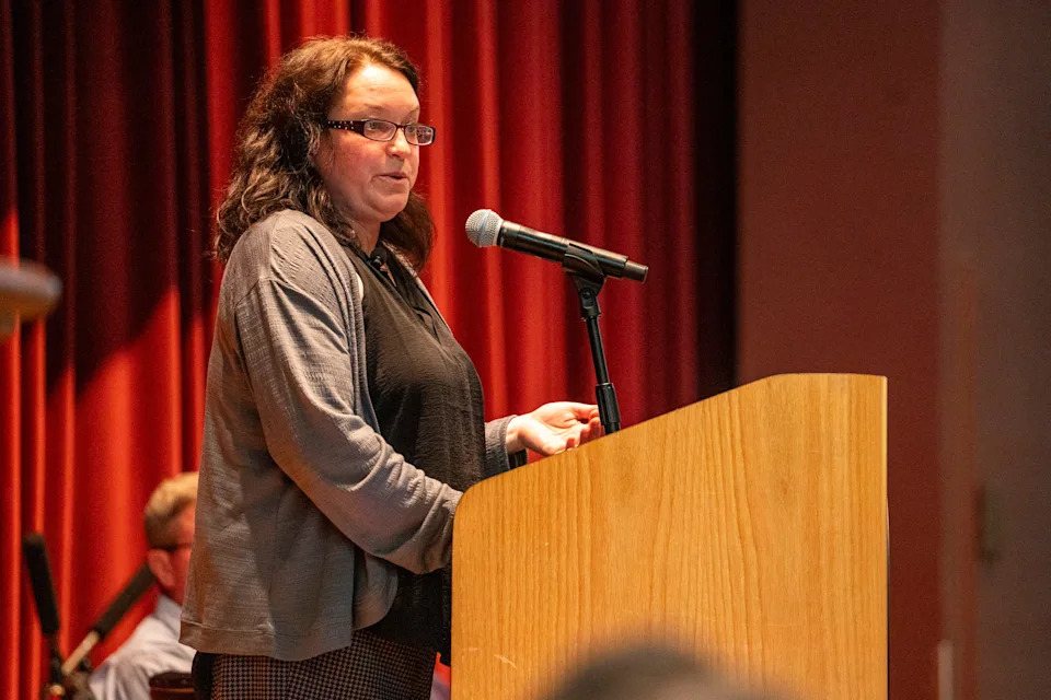 Drake University Professor Claire Hruby speaks during the first official presentation of findings from the Central Iowa Source Water Resource Assessment hosted by the Harkin Institute for Public Policy & Citizen Engagement at the Sheslow auditorium in Des Moines, on Aug. 4, 2025.