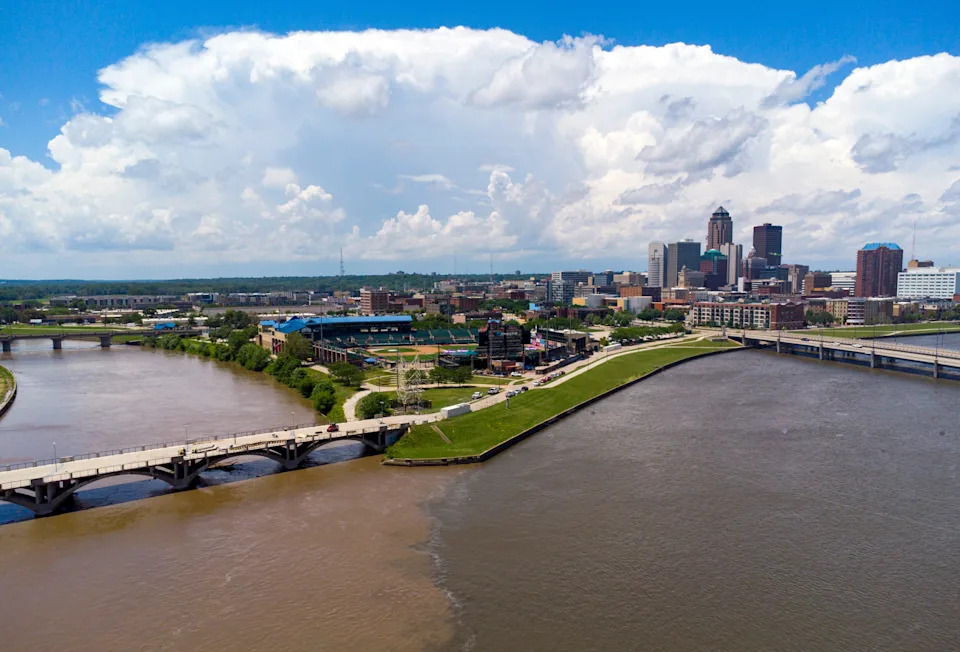 The confluence of the Des Moines and Raccoon rivers, June 26, 2025, in Des Moines.