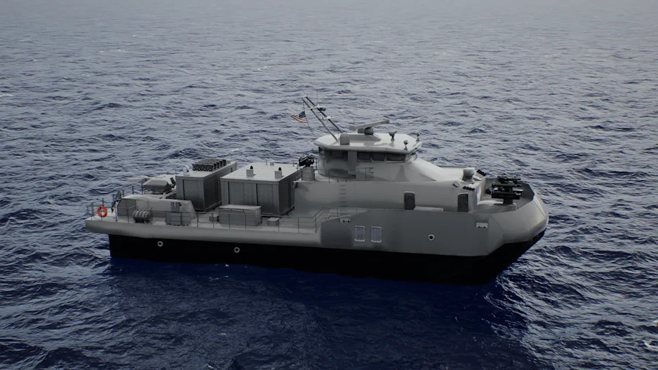An artist’s rendition of the Bengal-MC fitted with a modular mission payload, in this case a set of loitering munitions. <em>Eureka Naval Craft</em>