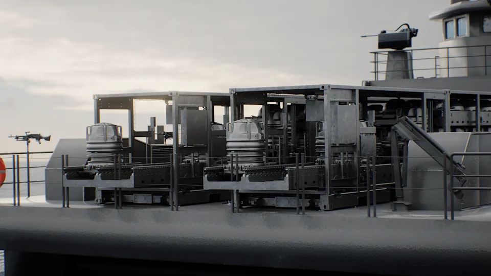 An artwork of a modular mine-laying payload on the rear deck of a Bengal-MC. <em>Eureka Naval Craft</em>