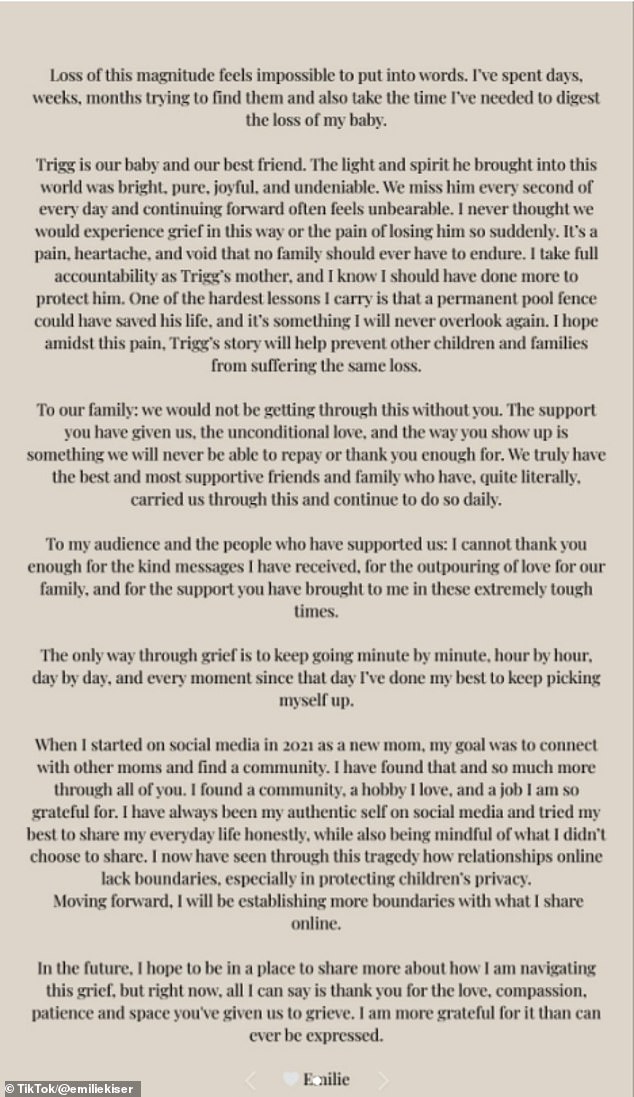 Kiser shared a lengthy statement describing her immense grief and regret in relation to Trigg's death