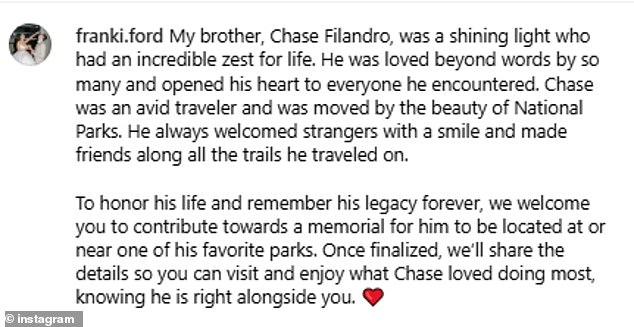 His sister, Frani Ford, shared a heartfelt tribute to her late brother on Instagram, calling him a 'shining light' with 'an incredible zest for life'