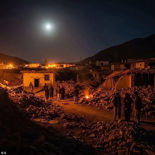 Afghans stand amid the remains of houses as the search for survivors continues