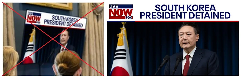 <span>Screenshot comparison of the image in the false posts (left) and the thumbnail from a LiveNow from Fox video posted in January (right)</span>