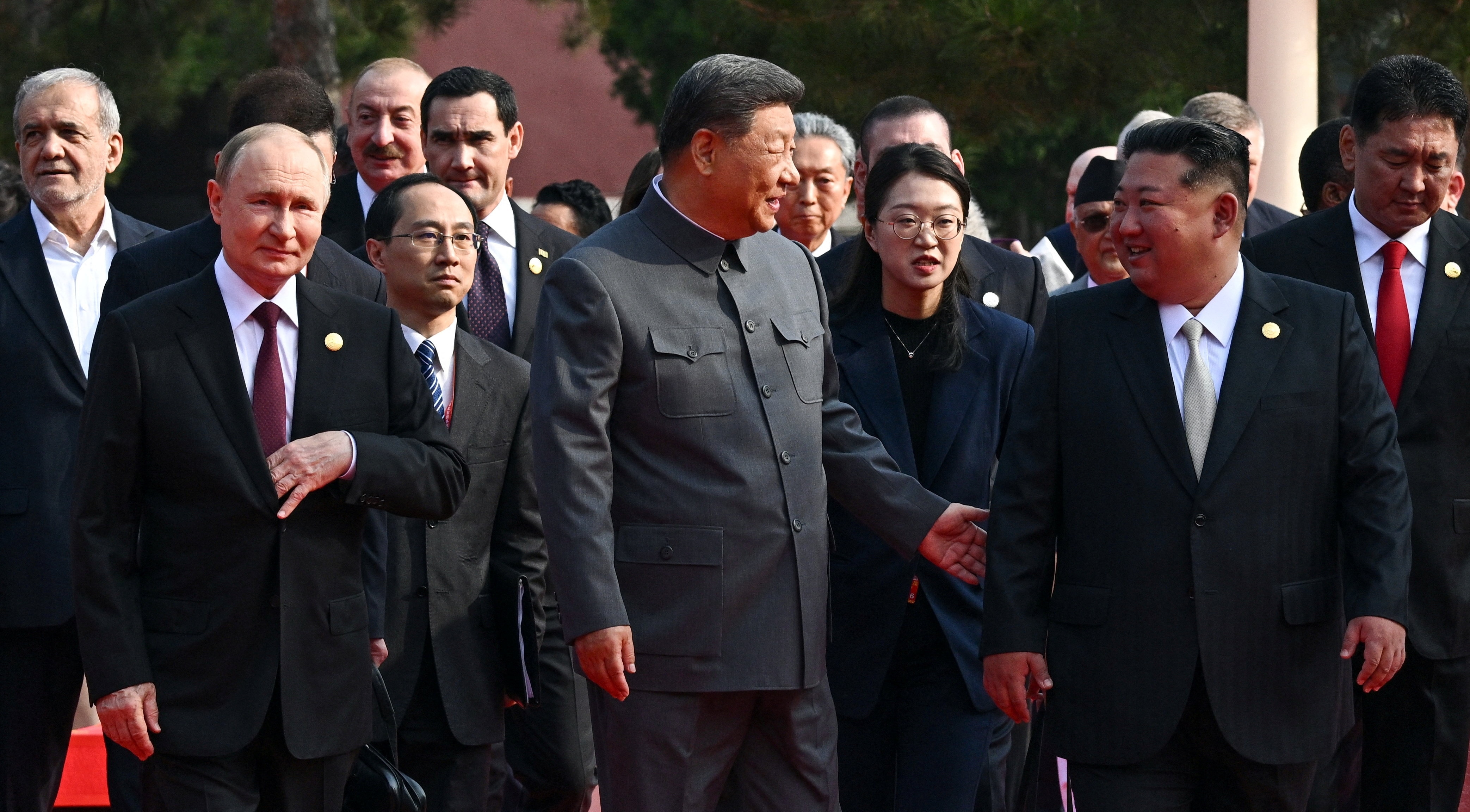Russian President Vladimir Putin, Chinese President Xi Jinping, North Korean leader Kim Jong Un and heads of foreign delegations arrive for a military parade in Beijing, China September 3, 2025.(via REUTERS)