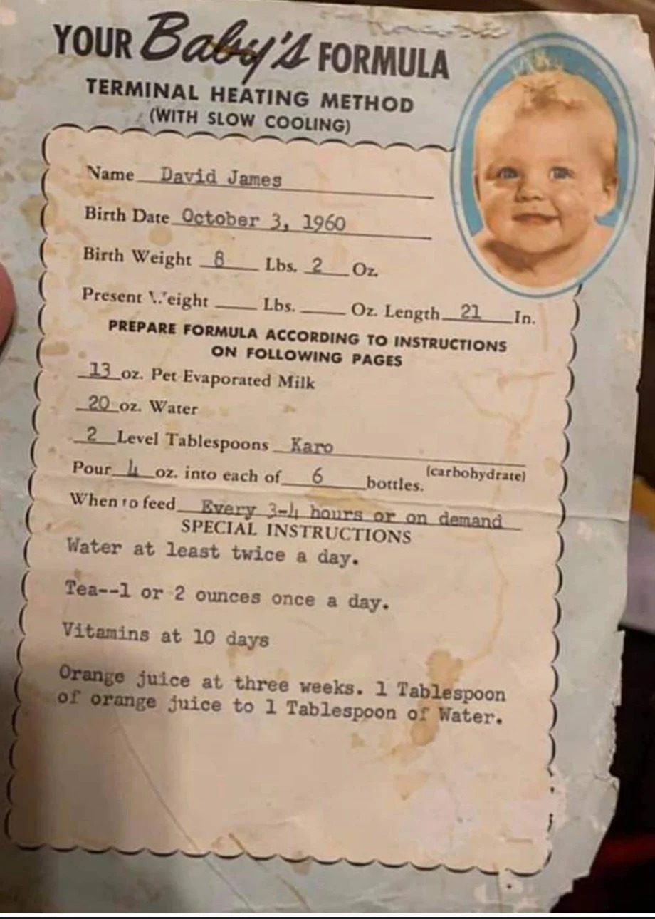Old baby care card with instructions for feeding and doses of orange juice for baby David James, born October 3, 1960