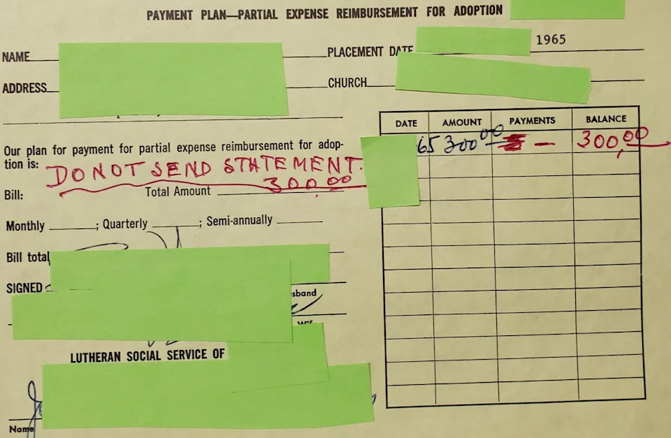 A payment plan form for adoption expense reimbursement in 1965, with handwritten notes stating "Do not send statement" and a crossed-out amount of $300