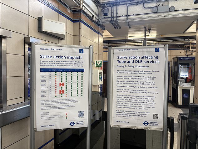 Signs at High Street Kensington warning the public of 'strike action impacts' were displayed yesterday in anticipation of the strikes
