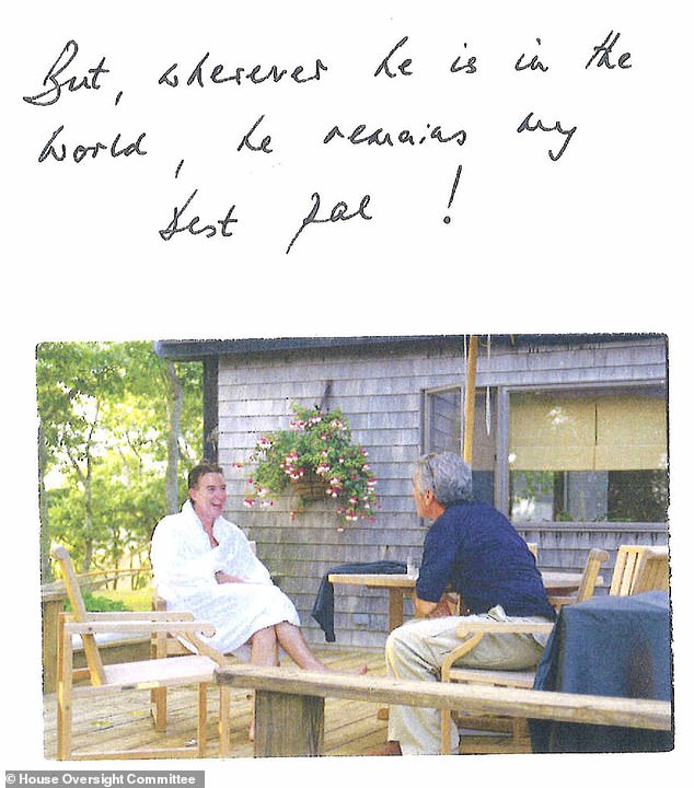 Page 9: Mandelson captioned this grinning photo of himself with Epstein and said he was 'my best pal!'