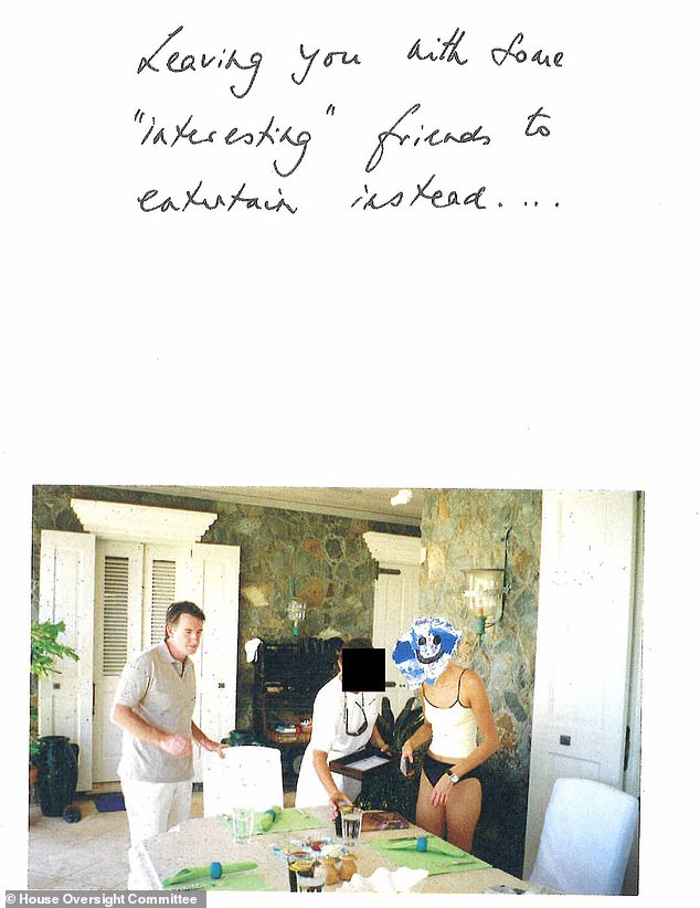 Page 4: In one photo Mandelson is stood next to two females, one wearing a white vest and black underwear. Above, he writes that Epstein would leave 'you with some "interesting" friends to entertain'