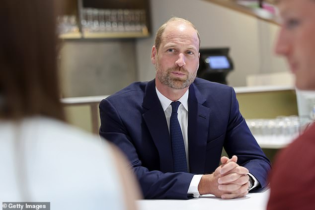 Prince William talks to teammates from Jac Lewis's team Ammanford FC in Cardiff today