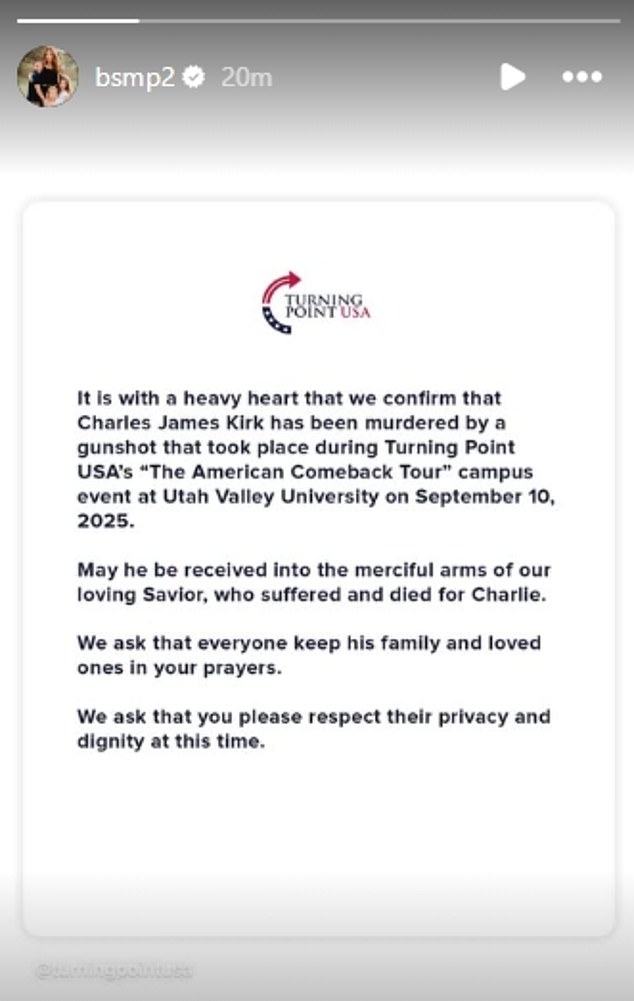 Sarah Palin's daughter Bristol reposted a statement shared by Turning Point USA - which had been co-founded by Kirk