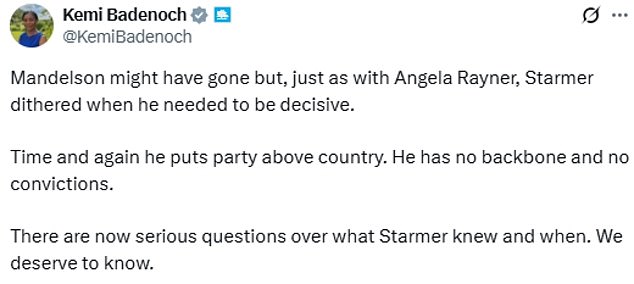 Kemi Badenoch said Sir Keir had 'serious questions' to answer