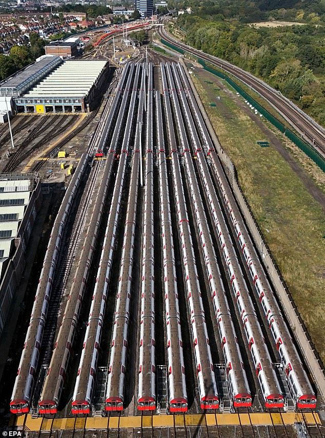 London Underground trains are parked at Cockfosters depot in North London today