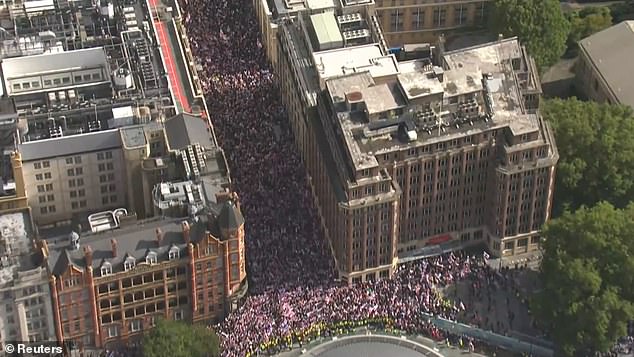 Aerial shots show the thousands of people that turned out for Tommy Robinson's march