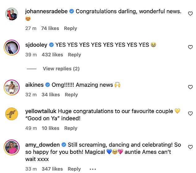 The couple were flooded with congratulatory comments from friends and fans, with their fellow Strictly stars leading the well wishes
