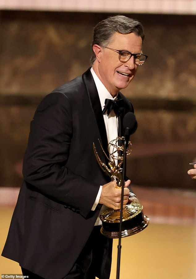 The 61-year-old comedian accepted the honor for The Last Show With Stephen Colbert which won over The Daily Show and Jimmy Kimmel Live!