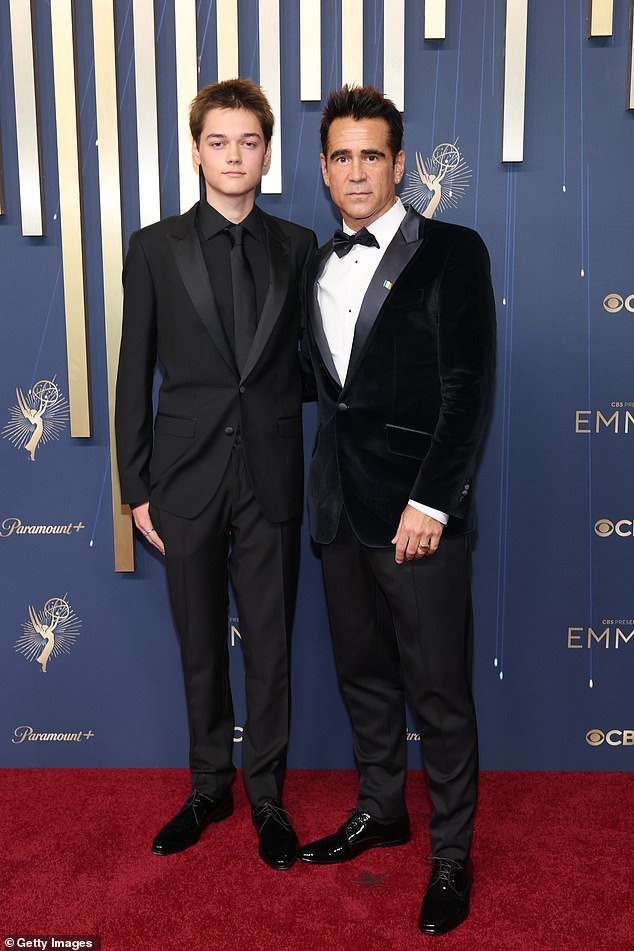 Colin looked dapper for the evening in a black and white Dolce & Gabbana tux, with his son opting for an all-black attire