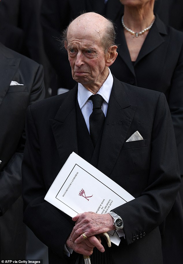 In 1956, the Duchess, Katharine, first crossed paths with Prince Edward when he was stationed at Catterick Garrisons near her family home. The Duke pictured at her funeral today