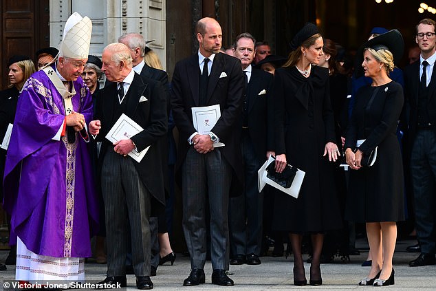Charles, William, Kate and Sophie outside Westminster Cathedral this afternoon