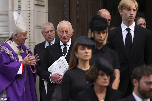 King Charles III leaves after the Requiem Mass service for the Duchess of Kent