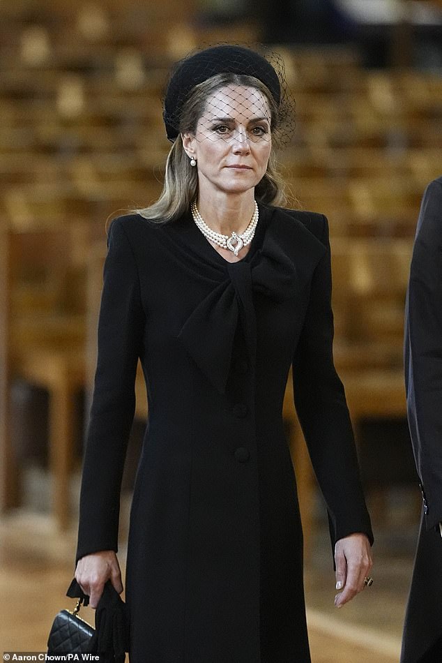 The Princess of Wales arrives for the requiem mass service for the Duchess of Kent today