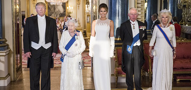 File photo dated 03/06/19 of  (left to right) US President Donald Trump, Queen Elizabeth II, Melania Trump, the then Prince of Wales and the then Duchess of Cornwall, during a group photo ahead of the State Banquet at Buckingham Palace, London. Donald Trump will be wined and dined at a sumptuous white tie state banquet in Windsor Castle on Wednesday evening. Issue date: Tuesday September 16, 2025. PA Photo. Royal hospitality at its most meticulous and lavish will be deployed in honour of the controversial US president and First Lady Melania Trump as they join some 160 guests in the impressive St George's Hall for the extravagant feast. Photo credit should read: Jeff Gilbert/Daily Telegraph/PA Wire