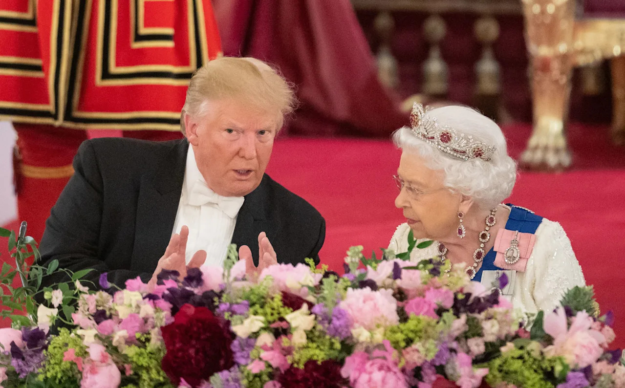 Britain's Queen Elizabeth II hosts US President Donald Trump and the US First Lady for a State Banquet in the ballroom at Buckingham Palace in central London on June 3, 2019, on the first day of the US president and First Lady's three-day State Visit to the UK. - Britain rolled out the red carpet for US President Donald Trump on June 3 as he arrived in Britain for a state visit already overshadowed by his outspoken remarks on Brexit. (Photo by Dominic Lipinski / POOL / AFP)        (Photo credit should read DOMINIC LIPINSKI/AFP/Getty Images)
