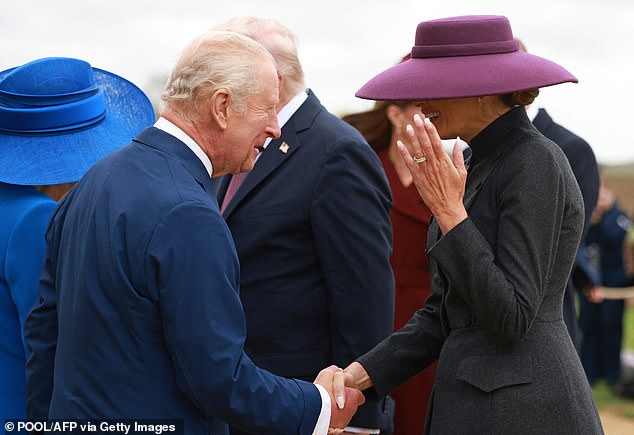 The First Lady of the US shakes hands with King Charles as Melania joins her husband Donald Trump for an unprecedented second state visit to the UK