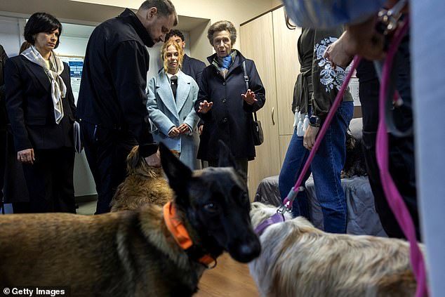 She is pictured here with the Ukrainian Minister of Internal Affairs Ihor Klymenko visiting the dog therapy department at a rehabilitation centre in Kyiv -- September 30, 2025