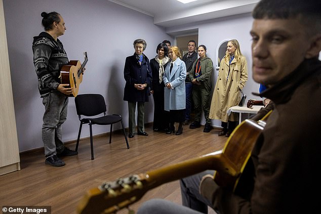 Princess Anne visits the music therapy department in a rehabilitation centre for Ukrainian war veterans during a visit to the Ukrainian capital -- September 20, 2025