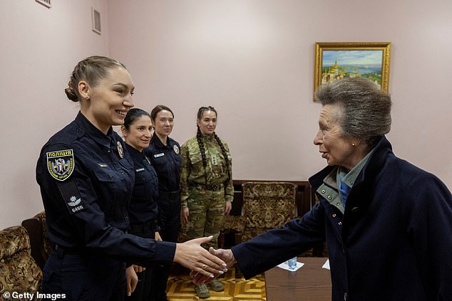 Princess Anne talks with Ukrainian police officers in a World War Two museum, Kyiv -- September 30, 2025