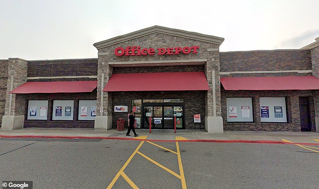 On Friday afternoon, the Kalamazoo County Republican Party ordered posters of the slain father-of-two from an Office Depot in Portage, Michigan (pictured), ahead of a vigil honoring Kirk that night