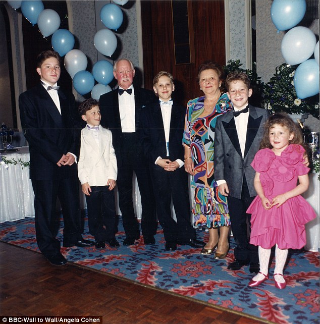 Morris, a teenager at the time, was deemed strong enough to work and was put into forced labour at a glass factory in Piotrkow before being sent to concentration camps across Germany throughout the war. Pictured left to right: Rinder's brother Craig, cousin Ben Radstone, grandfather Morris Malinicky, Robert Rinder, grandmother Lottie Malinicky, cousins Matt Radstone  and Lucy Radstone at a Bar Mitzvah