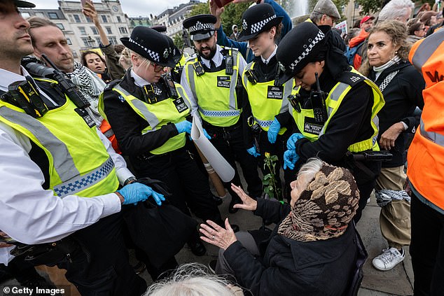 An activist is arrested for holding an illegal sign in Trafalgar square in London