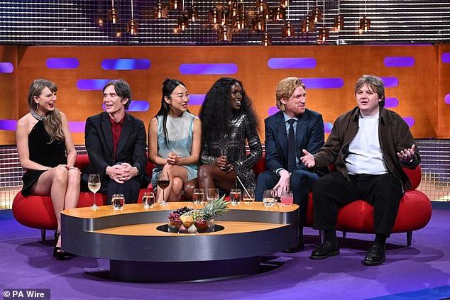 The British actress, 39, appeared on the famous red sofa last week, alongside fellow guests Taylor, Cillian Murphy , Greta Lee, Domhnall Gleeson and Lewis Capaldi