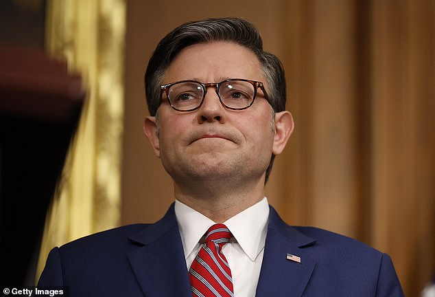 WASHINGTON, DC - OCTOBER 08: U.S. Speaker of the House Mike Johnson (R-LA) attends a news conference on the government shutdown at the U.S. Capitol on October 08, 2025 in Washington, DC. The government remains shut down after Congress failed to reach a funding deal last week. (Photo by Kevin Dietsch/Getty Images)